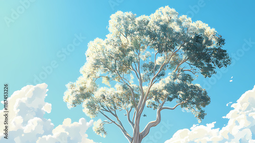 Majestic eucalyptus tree stands alone against a bright blue sky, its slender branches and silver-green leaves rustling gently in the soft breeze. Ironbark. Illustration photo