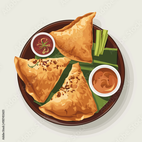 Plate of Crispy Samosas with Chutney Illustration