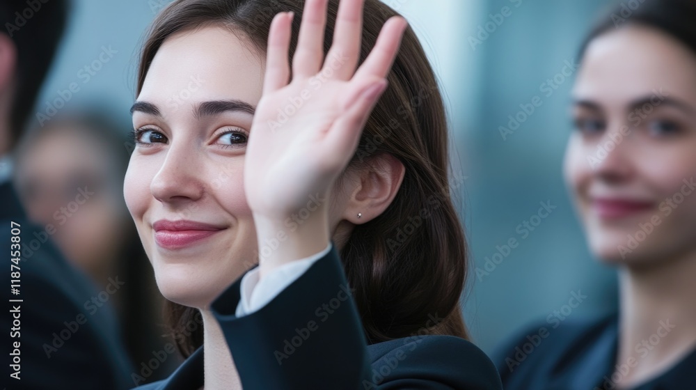 A professional woman in a suit gestures with her hand A professional woman in a suit gestures with her hand
