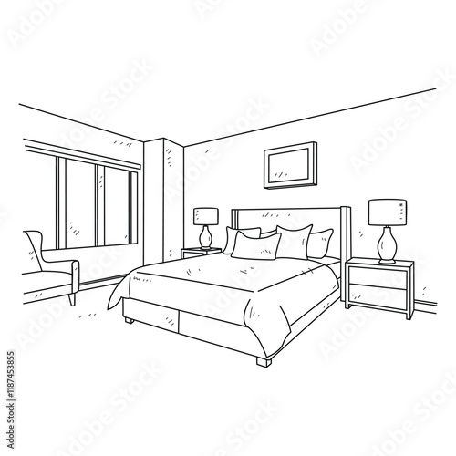 Simple sketch drawing of interior design vector illustration for bedroom. Interiors themes in simple sketch concept design vector. Housing interior for reference and presentation purpose to the client