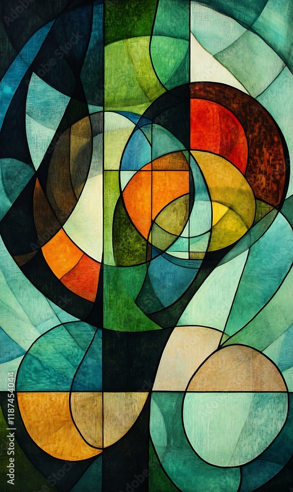 Fototapeta premium Overlapping circles in glowing greens and blues, intersected by sharp diagonal lines in contrasting warm colors