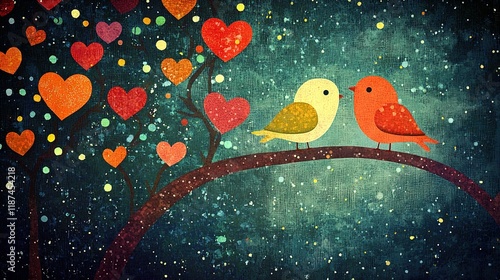   A painting depicts two birds perched on a tree branch, surrounded by red heart-shaped objects suspended in a sky of deep blue