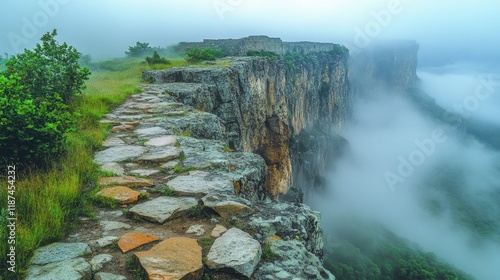 steep slopes of a deep gorge covered fog of the cave city khndzoresk one of the most impressive and mysterious places in armenia photo