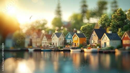   A vibrant row of homes rests atop a serene lake, surrounded by a verdant tree-filled forest and tranquil water