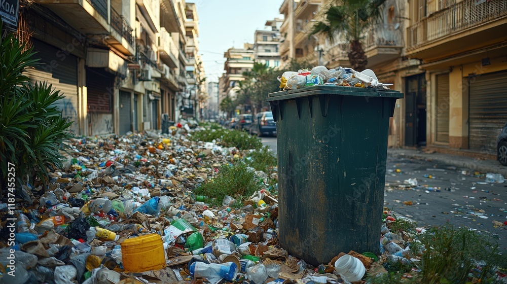 Overflowing garbage in a city street. Overflowing garbage in a city street.