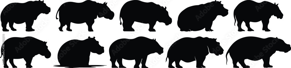 Hippopotamus silhouettes set, animal pack of vector silhouette design, isolated background