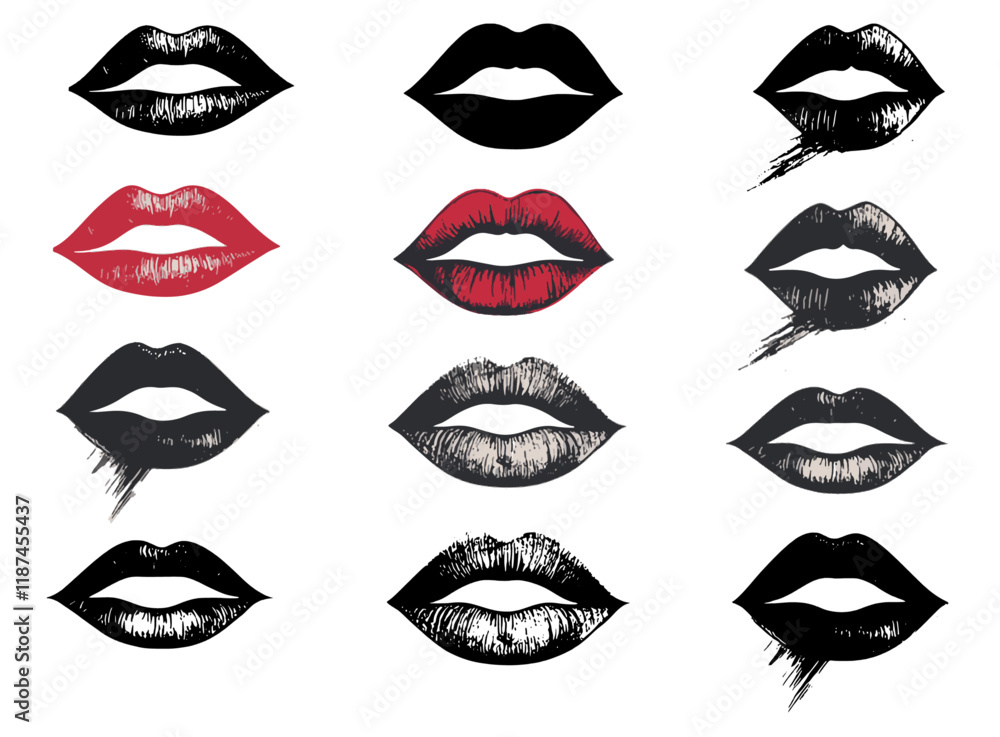 Women lips marks with grunge effect great set collection clip art silhouette, female lips. lipstick kiss print Black vector illustration on white background v3. Women lips marks with grunge effect great set collection clip art silhouette, female lips. lipstick kiss print Black vector illustration on white background v3.