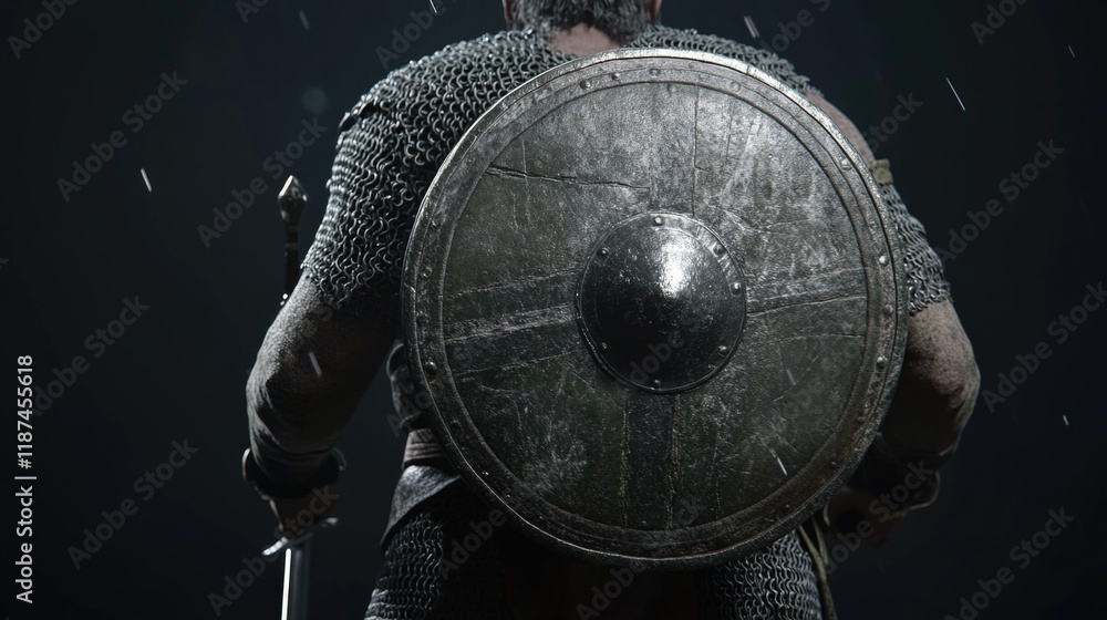 Naklejka premium Medieval warrior holds a shield while wearing armor