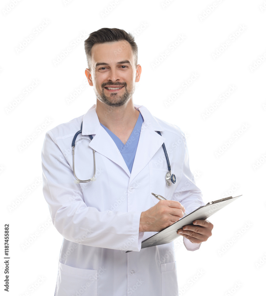 Smiling doctor with stethoscope and clipboard isolated on white Smiling doctor with stethoscope and clipboard isolated on white