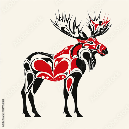 Traditional Inuit Haida folk art of a stylized moose in textured black, white and red for logo or tattoo. Pacific Northwest Haida art.