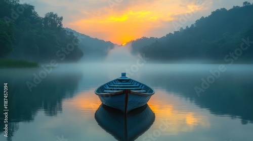 time lapse beautiful scenery nature lake with fog mist over water sunrise morning with chinese style boat at ban rak thai village enjoy holiday vacation tourism travel countryside in thailand photo