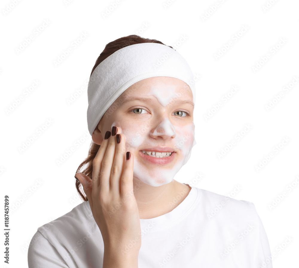 Teenage girl washing her face with cleanser on white background. Cosmetic product