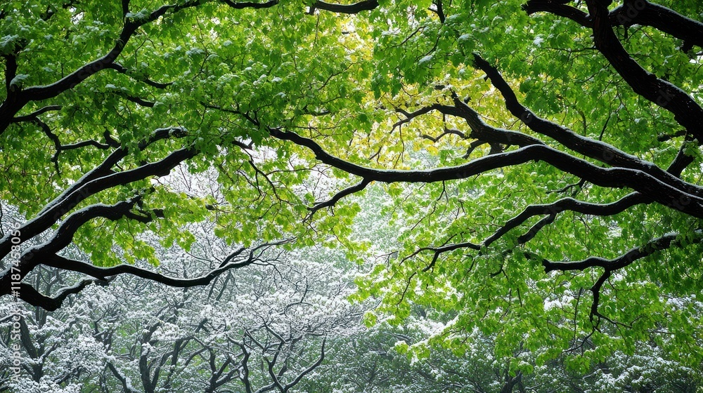 Fototapeta premium Snow-dusted tree branches frame vibrant green foliage in a park.