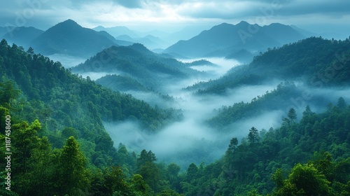 view landscape mountain and forest nation park with mist or fog at viewpoint of doi kiew lom scenic point in pang ma pha hill valley village city while pm 2 5 dust situation at mae hong son thailand