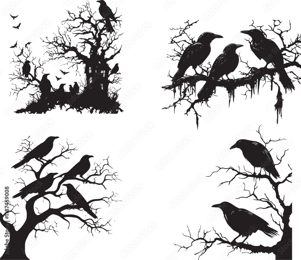 Obraz premium Birds on a Tree Branch Silhouettes Set