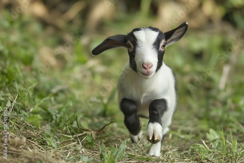 A baby goat runs freely in a lush green grassy field, perfect for nature and agriculture related concepts photo