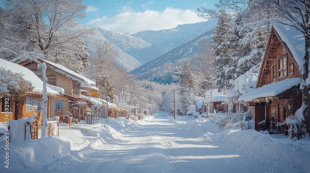 village between the mountains next to sapporo in hokkaido japan snow in and around the village and mountains which are covered in trees village between the mountains next to sapporo in hokkaido japan snow in and around the village and mountains which are covered in trees