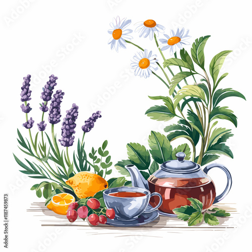Herbal Tea Ingredients Watercolor Illustration