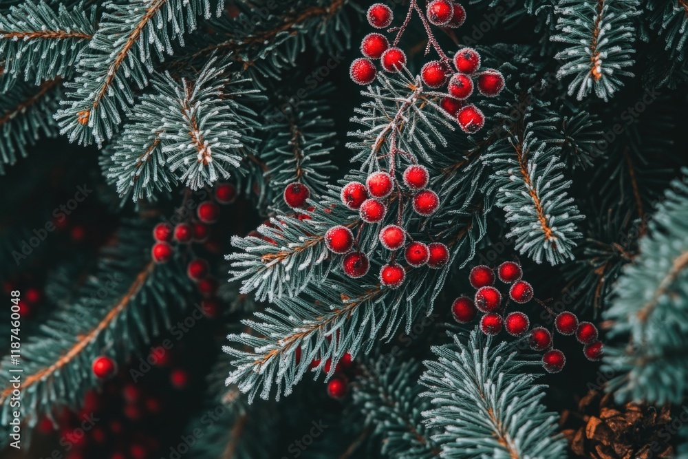 A close-up shot of a pine tree with bright red berries A close-up shot of a pine tree with bright red berries