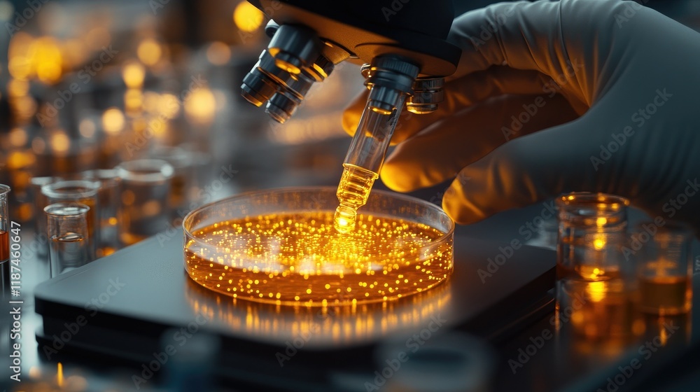 Working in micro labs to analyze human health in a hospital glare of orange light Working in micro labs to analyze human health in a hospital glare of orange light