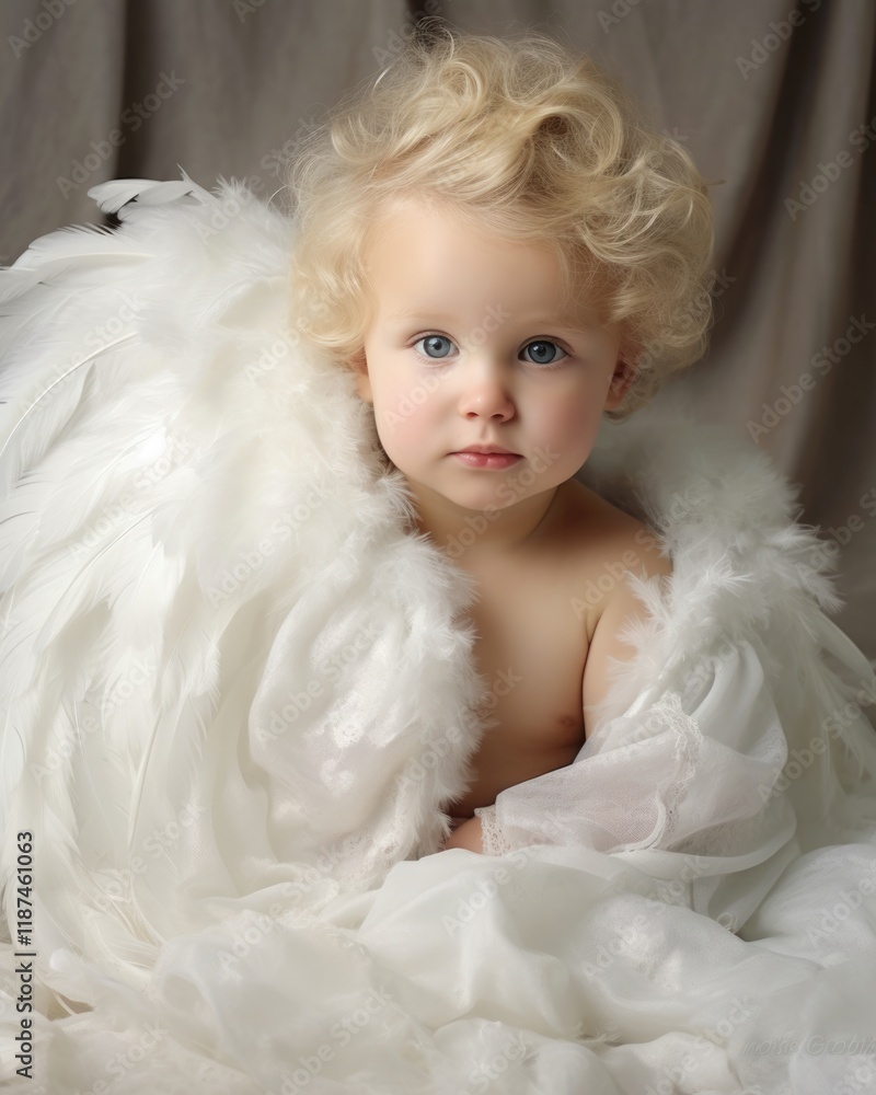 Adorable Angel Baby Boy with Feathers and Wings - Caucasian Infant in Cute Angelic Pose Adorable Angel Baby Boy with Feathers and Wings - Caucasian Infant in Cute Angelic Pose