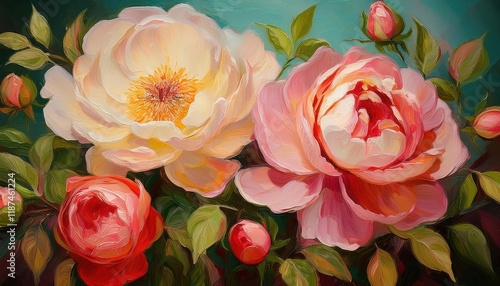 Vibrant Cluster of PeonyShaped Roses Oil Painting A Bouquet of Rich Hues and Textures Evoking the Graceful Allure of Peonies in Full Bloom, Set Against a Subtle Backdrop photo