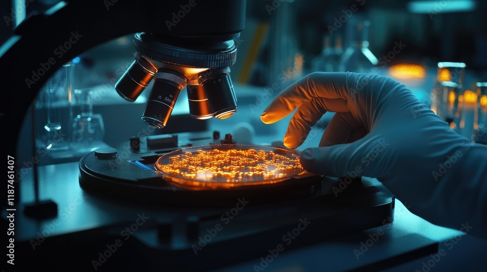 Working in micro labs to analyze human health in a hospital glare of orange light Working in micro labs to analyze human health in a hospital glare of orange light