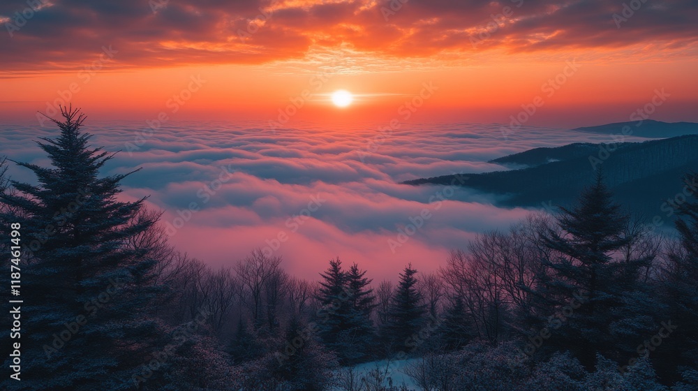 Obraz premium wintergreen virginia trees by apartment condo buildings at ski resort town village with clouds fog mist inversion in blue ridge mountains at dark sunrise