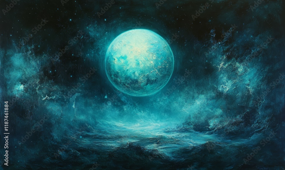 Fototapeta premium Celestial sphere with soft blue glow, amidst dark cosmos , vastness, celestial, space