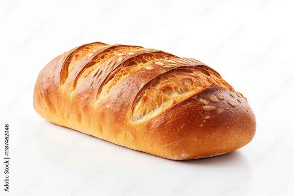 Freshly baked loaf of bread with a golden crust and soft interior on a white background Freshly baked loaf of bread with a golden crust and soft interior on a white background