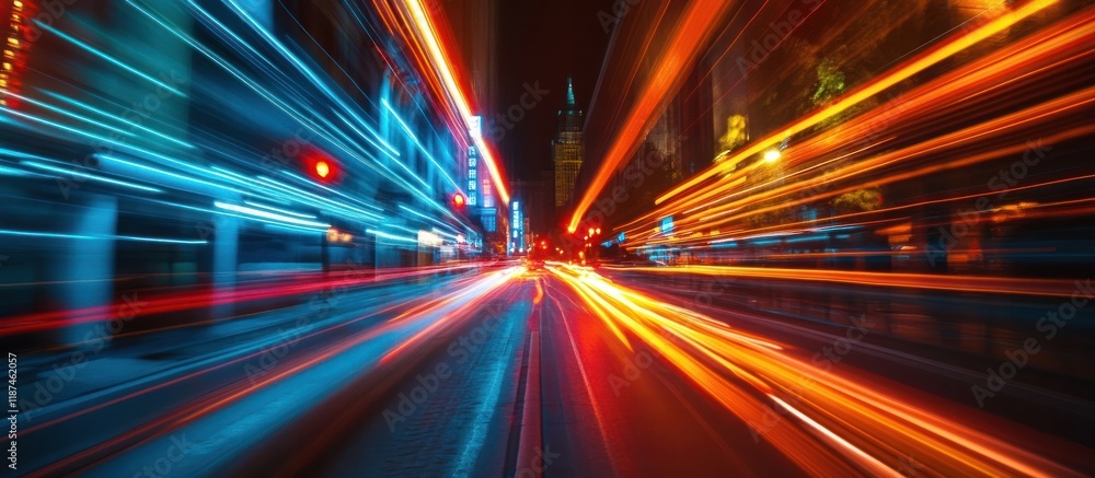 Dazzling city lights and motion blur trails on nighttime urban roads capturing the energy and velocity of a bustling metropolitan area Dazzling city lights and motion blur trails on nighttime urban roads capturing the energy and velocity of a bustling metropolitan area