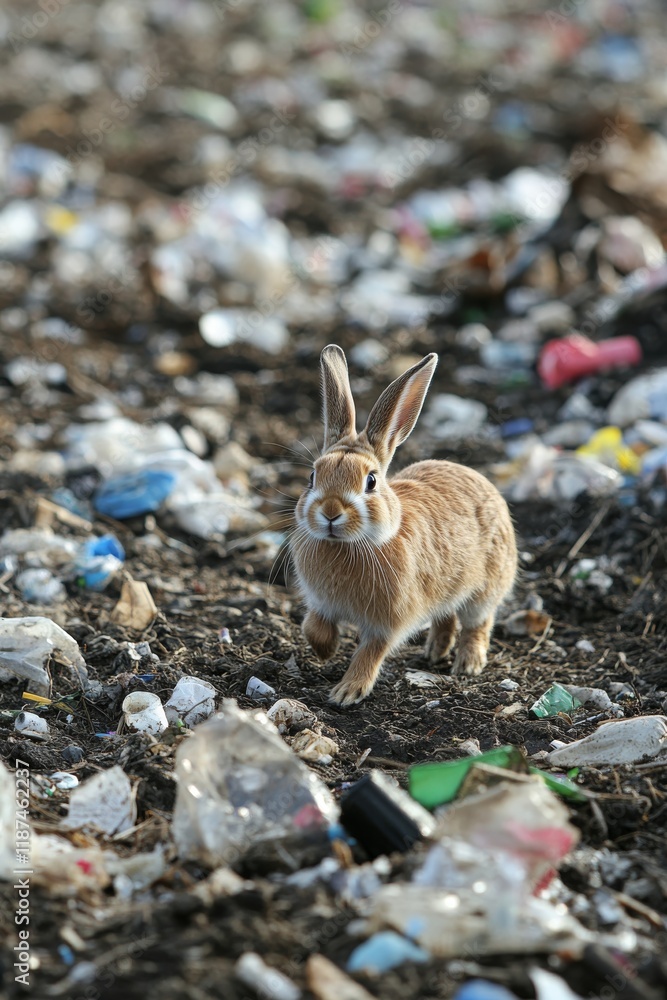 Fototapeta premium A rabbit running through a garbage dump looking for food. Scared rabbit in an outdoor garbage dump.