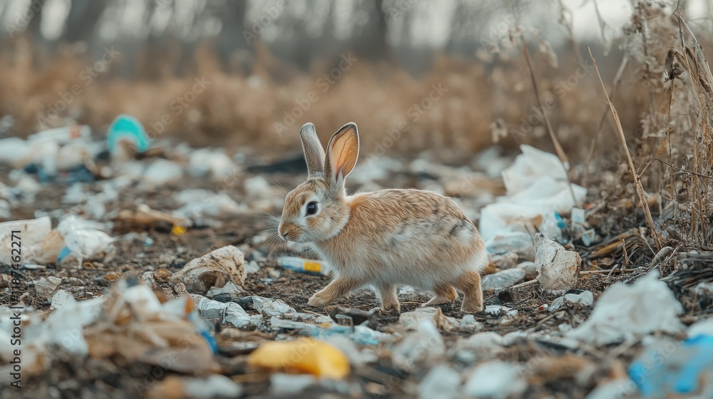 Fototapeta premium A rabbit running through a garbage dump looking for food. Scared rabbit in an outdoor garbage dump.
