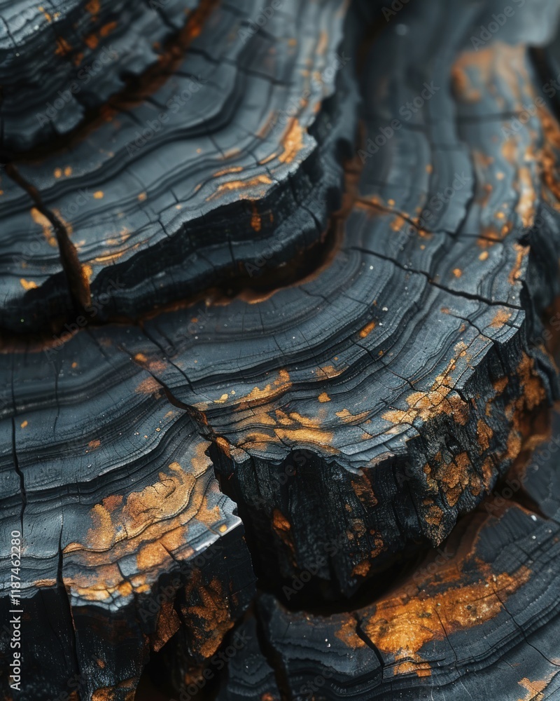 Close-up of dark, textured, layered wood with orange accents, showing grain and cracks. Close-up of dark, textured, layered wood with orange accents, showing grain and cracks.