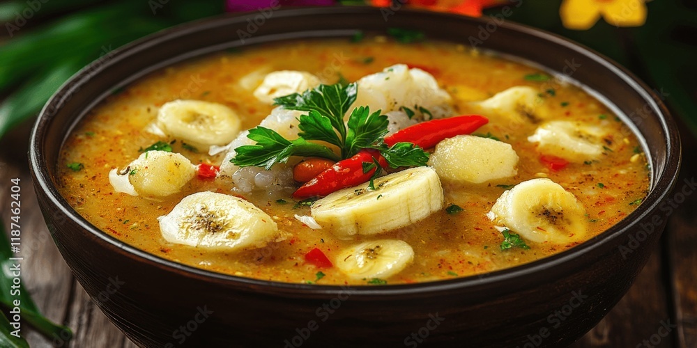 Delicious Tropical Fish Soup with Plantains and Herbs in Black Bowl - Traditional Caribbean Cuisine with Rich Flavors and Colorful Garnishes Delicious Tropical Fish Soup with Plantains and Herbs in Black Bowl - Traditional Caribbean Cuisine with Rich Flavors and Colorful Garnishes