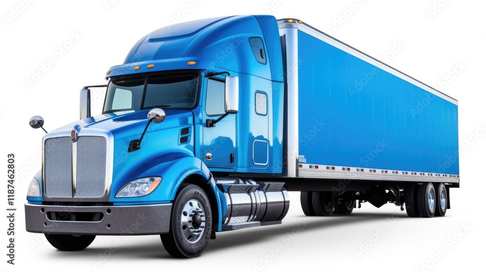 Blue Semi Trailer Hauler Truck Transporting Frozen Cargo on Straight Road. Freight Transportation and Trucking with Reefer Semi-Truck and Skirt Spoiler Blue Semi Trailer Hauler Truck Transporting Frozen Cargo on Straight Road. Freight Transportation and Trucking with Reefer Semi-Truck and Skirt Spoiler