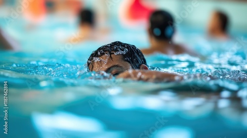 Young boy swimming in a pool surrounded by others, great for summer or aquatic themed projects photo