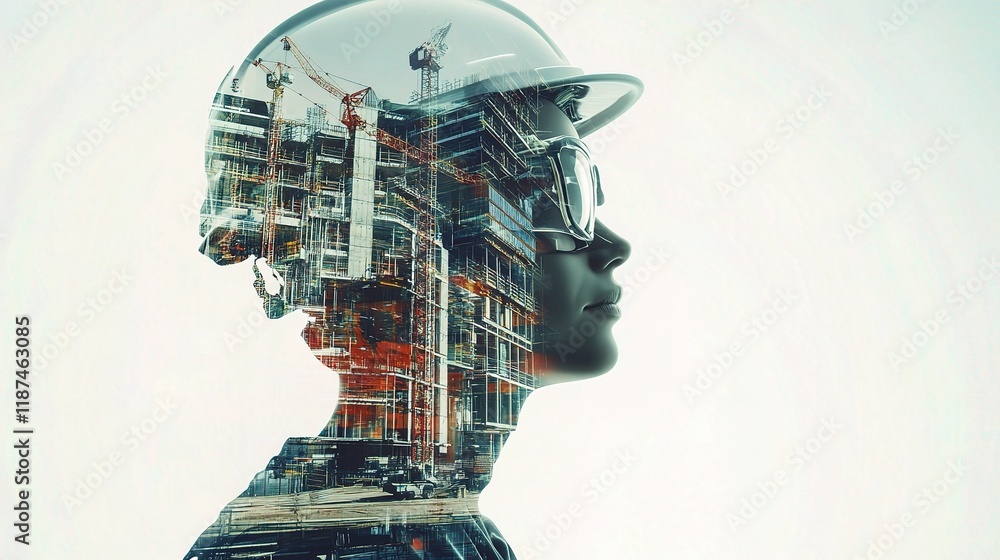 Future Construction Concept with Engineering Overlay and Human Silhouette Future Construction Concept with Engineering Overlay and Human Silhouette