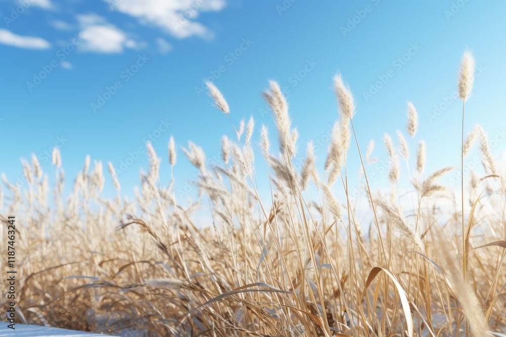 Obraz premium Golden grass swaying gently under a bright blue sky on a clear day