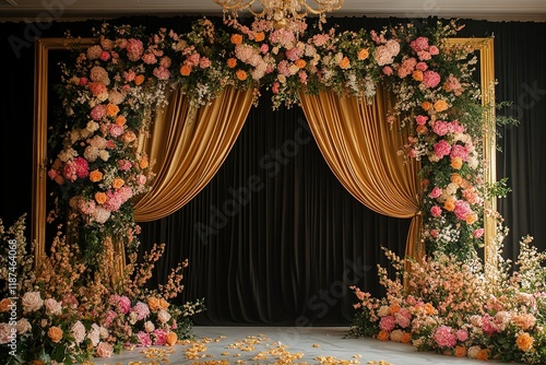 black with golden curtain wedding stage with flowers frames photo