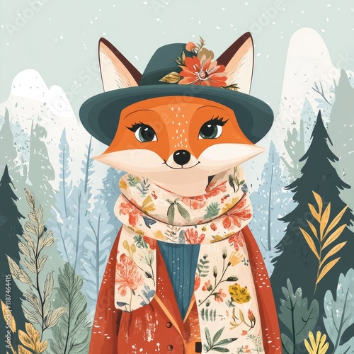 A cute anthropomorphic fox in winter attire, wearing a hat and scarf, standing in a snowy forest.