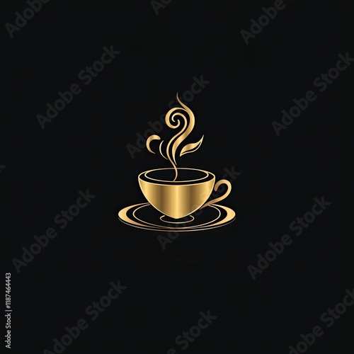 Golden coffee cup and saucer with steam design on black background.
