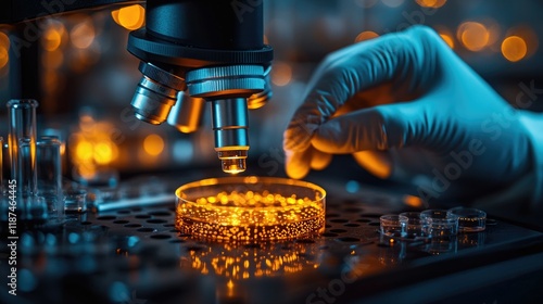 Working in micro labs to analyze human health in a hospital glare of orange light