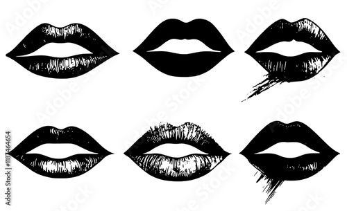Women lips marks with grunge effect great set silhouette, female lips lipstick kiss print Black vector illustration on white background v2.