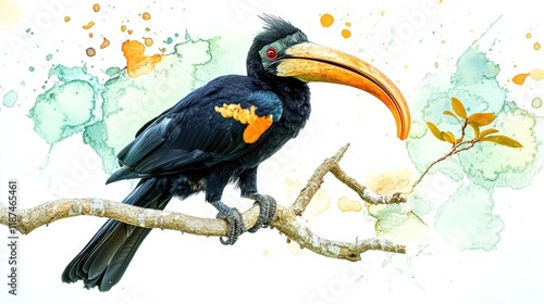 A black bird sits quietly on the top of a tree branch, surrounded by leaves and branches