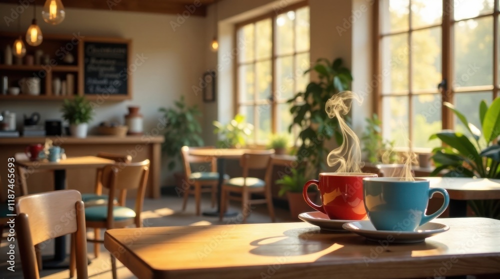 Cozy Cafe Steam Two Warm Drinks on a Sunny Morning Cozy Cafe Steam Two Warm Drinks on a Sunny Morning