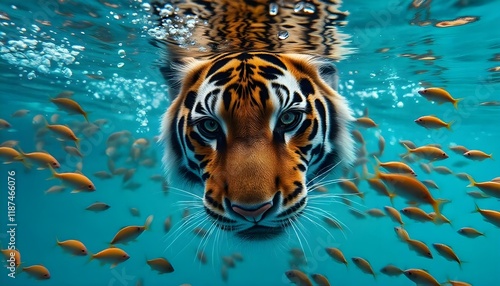 underwater swimming perspective of a young male Bengal Tiger's face, reflected in the blue water, tiger underwater swiming, tiger underwater AI Generated photo