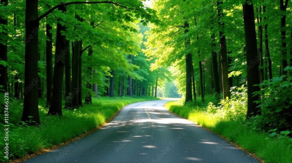 Fototapeta premium Serene Forest Road Winding Through Lush Green Canopy