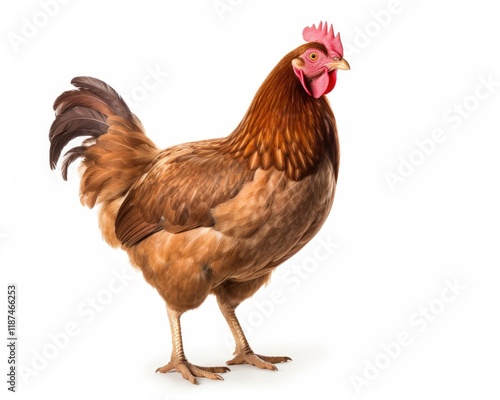 Brown Chicken Hen Standing Full Body Isolated on White Background, Perfect for Farm Animal and Poultry Related Concepts photo