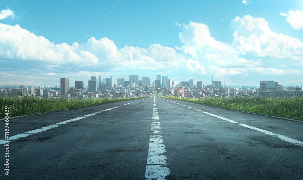 Fototapeta premium Asphalt Road Leading Towards Modern City Skyline